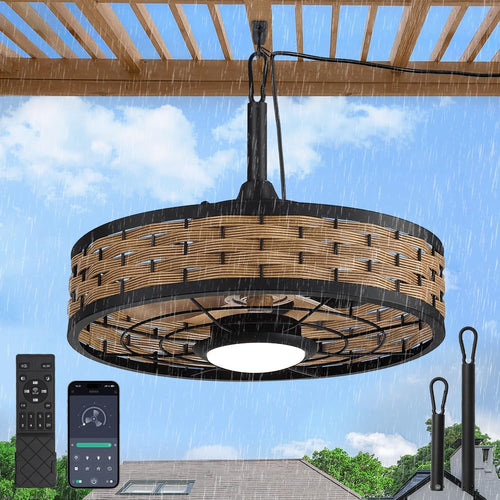 20" Outdoor Ceiling Fan with Light IP65 Plug In 3CCT Dimmable 6 Speed Remote App