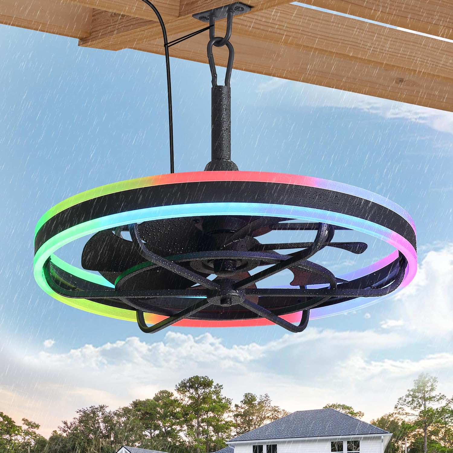 20" Outdoor Ceiling Fan with Light IP65 Plug In 3CCT App Control Hanging Hook