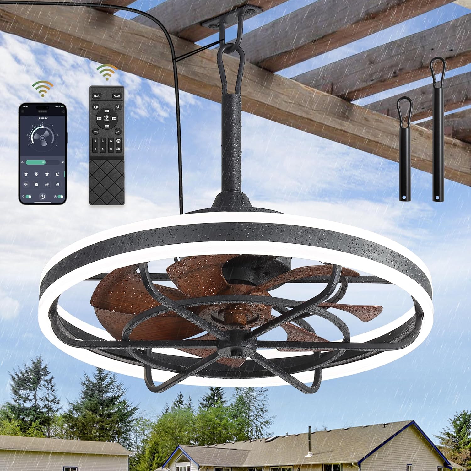 20" Outdoor Ceiling Fan with Light IP65 Plug In 3CCT App Control Hanging Hook