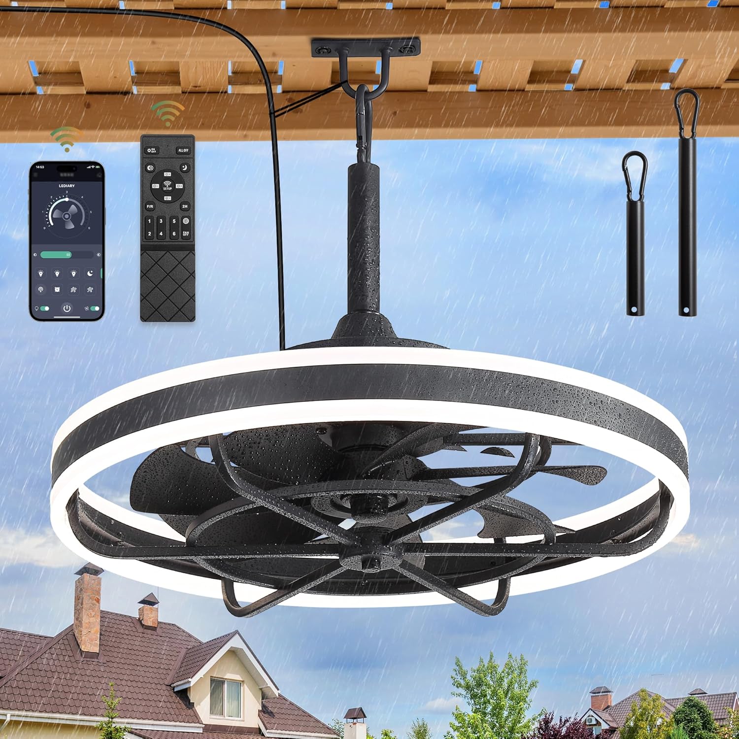 20" Outdoor Ceiling Fan with Light IP65 Plug In 3CCT App Control Hanging Hook