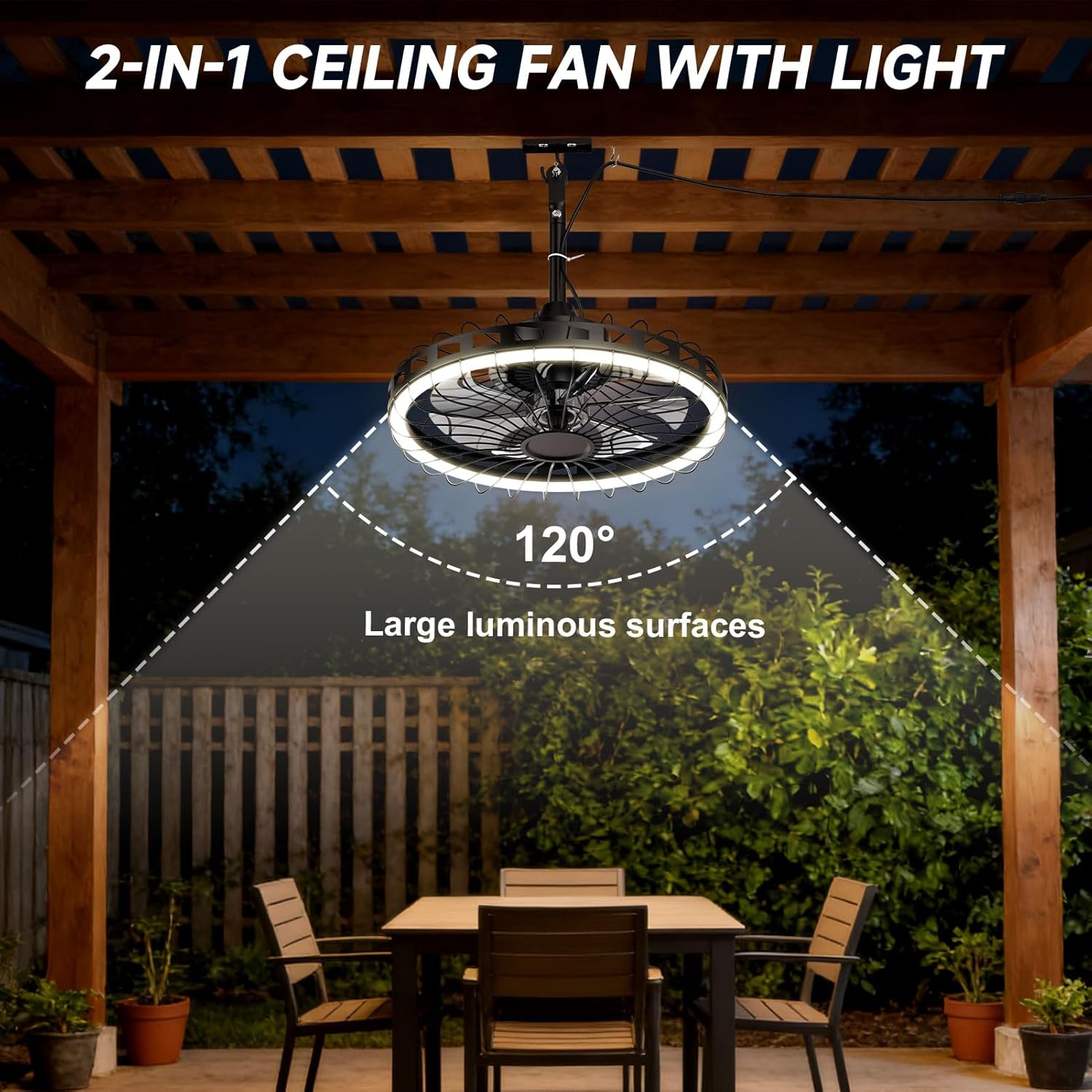 20" Outdoor Ceiling Fan with Light IP65 Plug In 3CCT Dimmable 6 Speed Patio