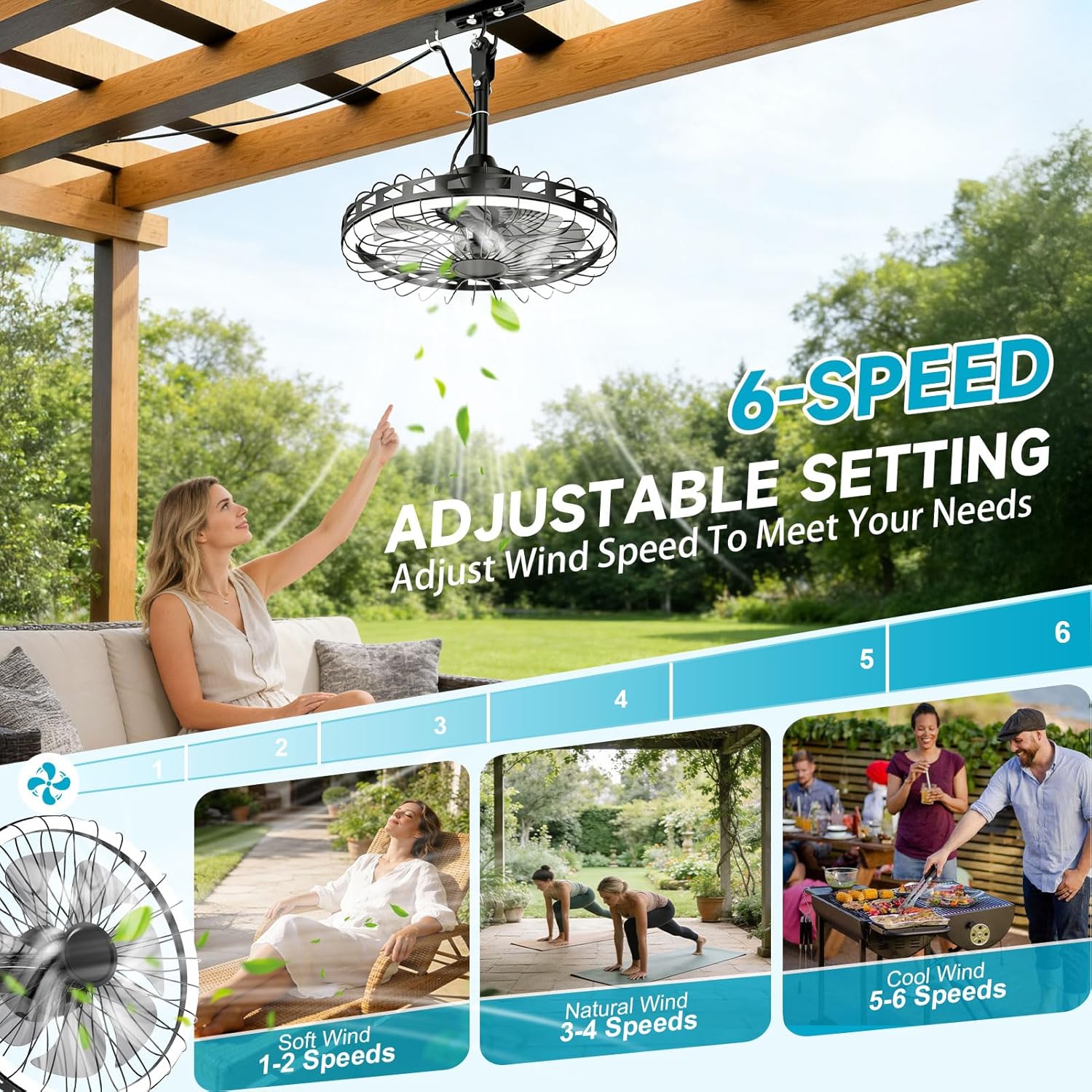 20" Outdoor Ceiling Fan with Light IP65 Plug In 3CCT Dimmable 6 Speed Patio