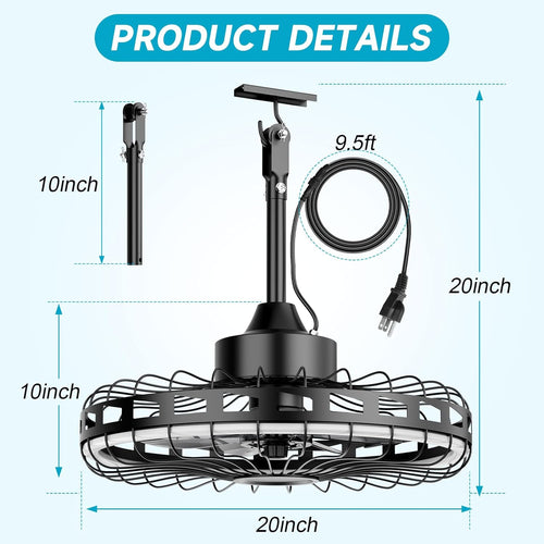 20" Outdoor Ceiling Fan with Light IP65 Plug In 3CCT Dimmable 6 Speed Patio