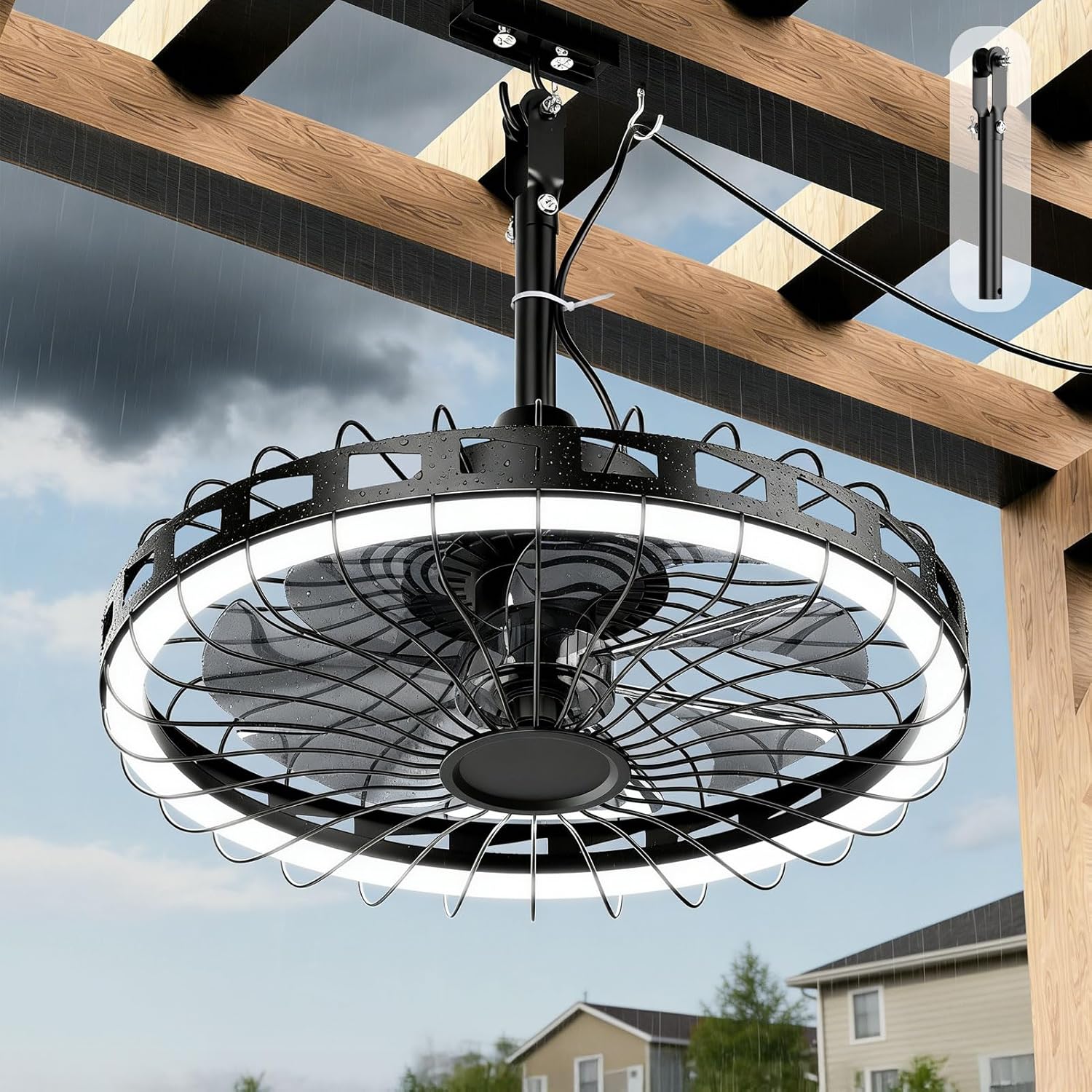 20" Outdoor Ceiling Fan with Light IP65 Plug In 3CCT Dimmable 6 Speed Patio