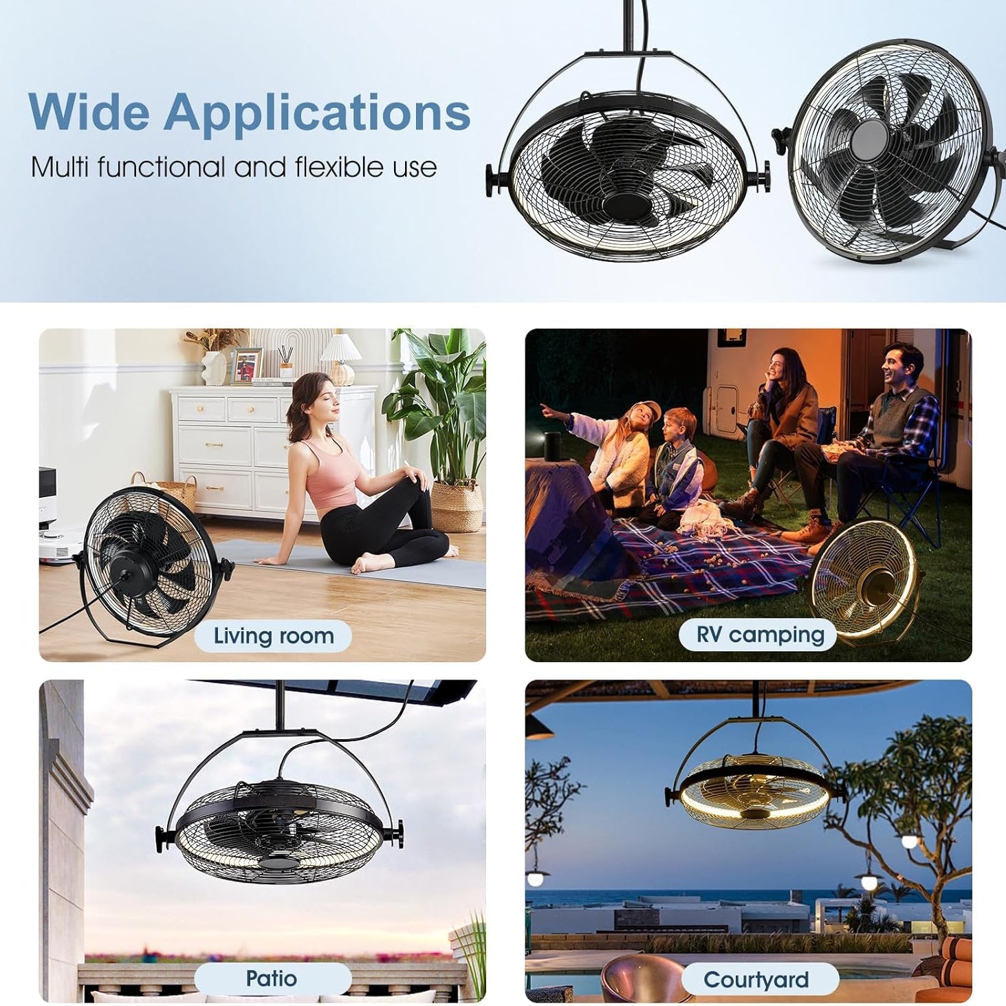 16" Outdoor Ceiling Fan with Light Plug In Portable Adjustable Black Patio Fan