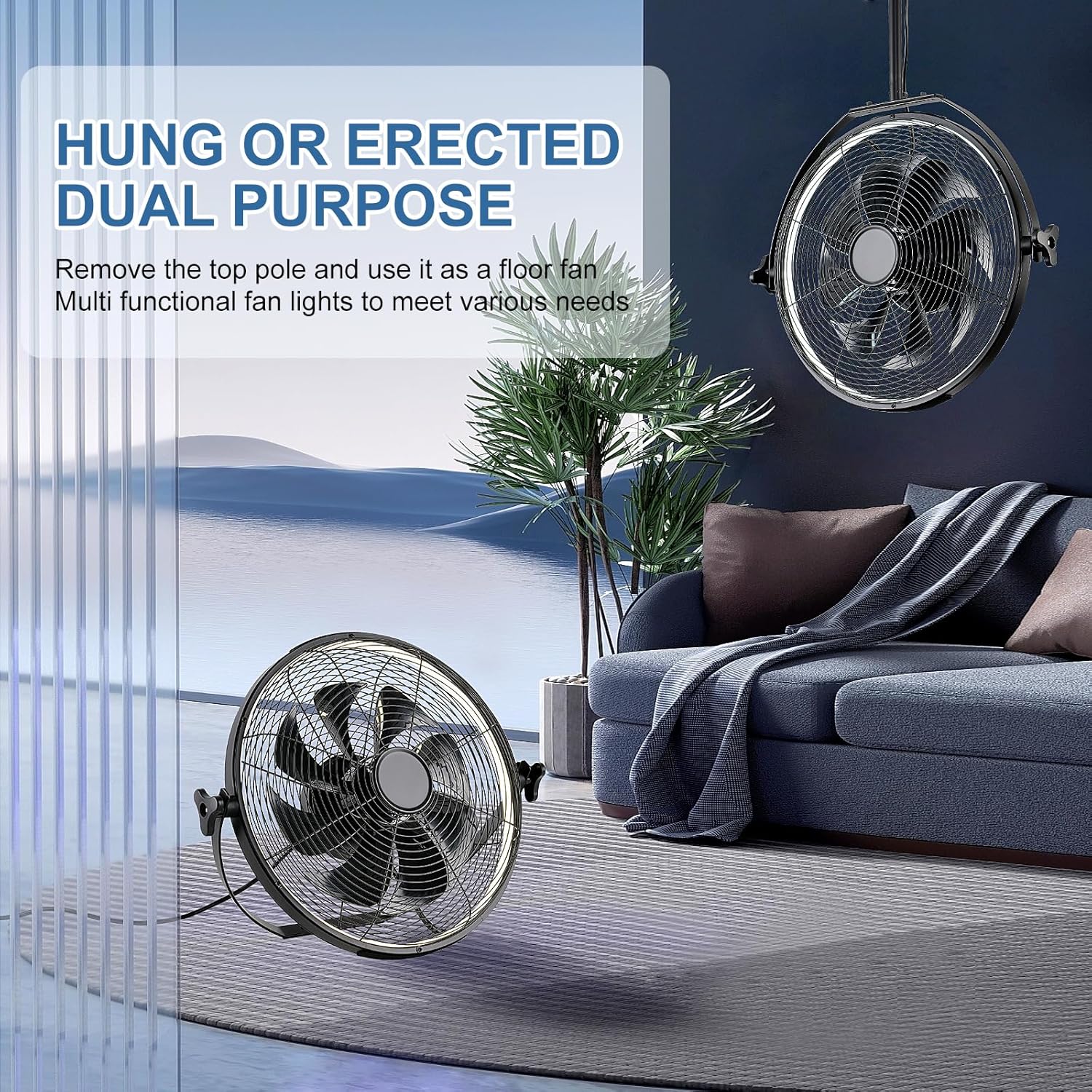 16" Outdoor Ceiling Fan with Light Plug In Portable Adjustable Black Patio Fan