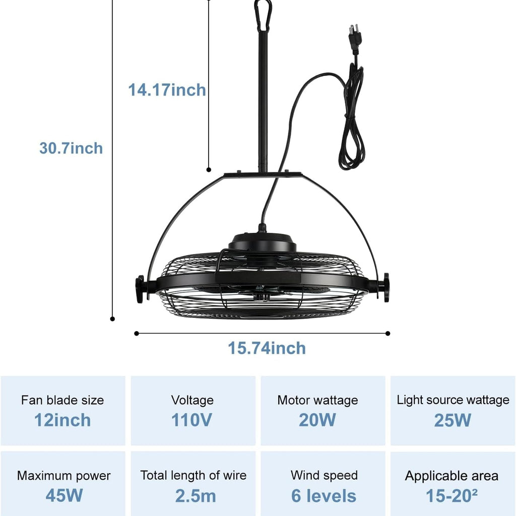 16" Outdoor Ceiling Fan with Light Plug In Portable Adjustable Black Patio Fan