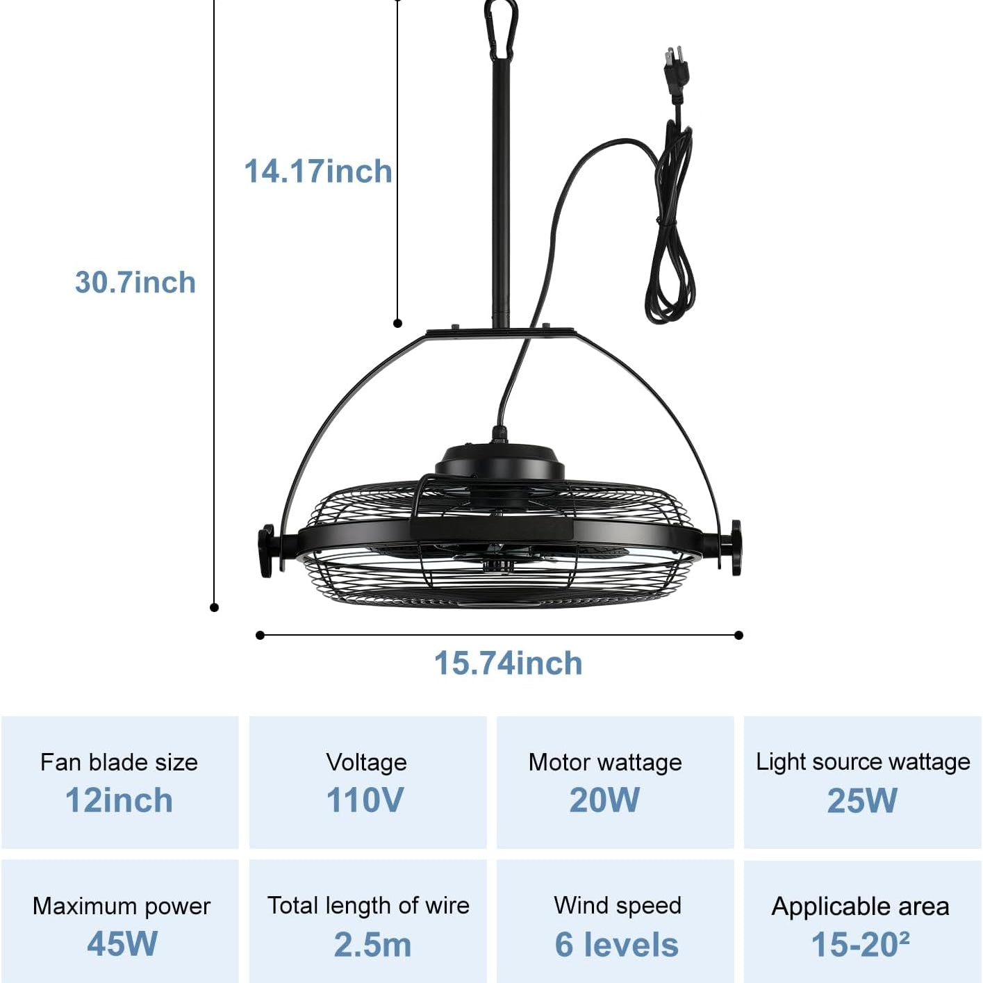 16" Outdoor Ceiling Fan with Light Plug In Portable Adjustable Black Patio Fan